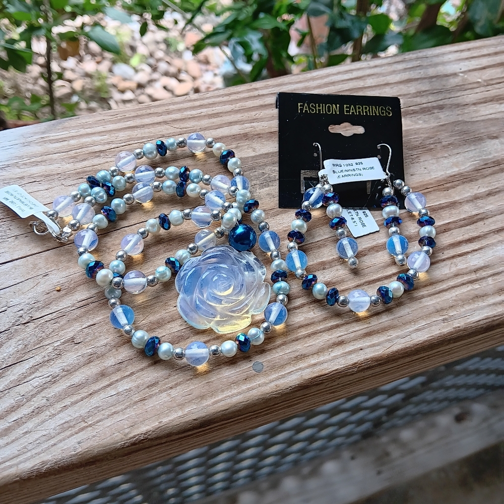 Blue Moonstone Rose Necklace .925 silver with matching bracelet and earrings